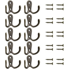 Namvo Pack of 10 Double Coat Hooks Vintage Metal Hooks Bronze Hat Clothes Towel Hook Antique Twin Robe Hook Dual Hook Hanger Wall Hanging Deher Hooks for Kitchen Bathroom Bedroom with Screws
