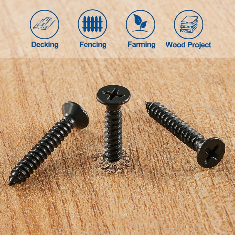ANCHOREASE M4×12mm Wood Screw 400Pcs, Black Carbon Steel Self Tapping