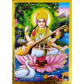 Crafts of India Goddess Saraswati Poster/Reprint Hindu Goddess Picture with Golden Foil (Unframed : Size 5"X7" inches)