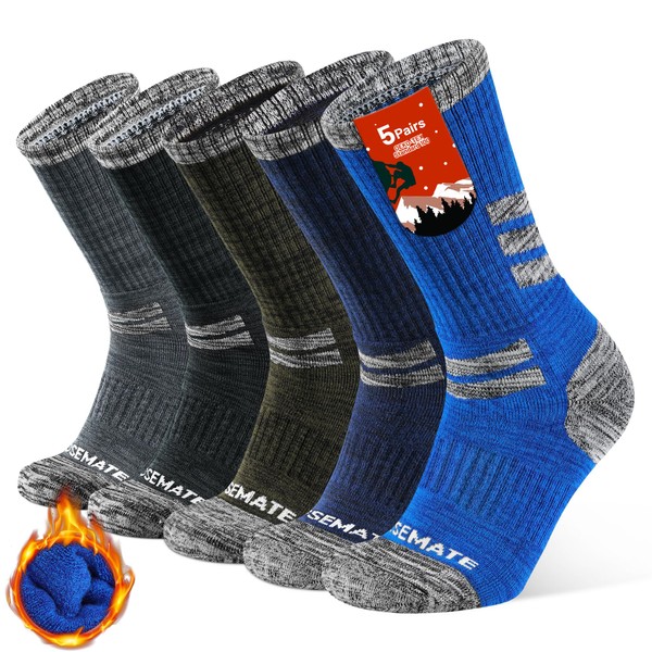 Closemate 5 Pairs Men's Cushion Crew Calf Socks Moisture Wicking Outdoor Hiking Trekking Athletic Socks (1Black+1Dark Grey+1Dark Blue+1Green +1Light Blue, Size L)
