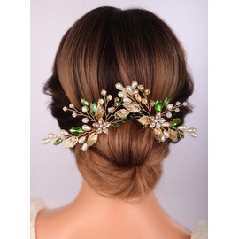 Teyglen 2pcs Gold Leaf Pearl Hair Pins Bridal Green Crystal Rhinestone Hair Pins Wedding Hair Piece Vintage Headpiece Wedding Hair Accessories for Women Girls (Gold)
