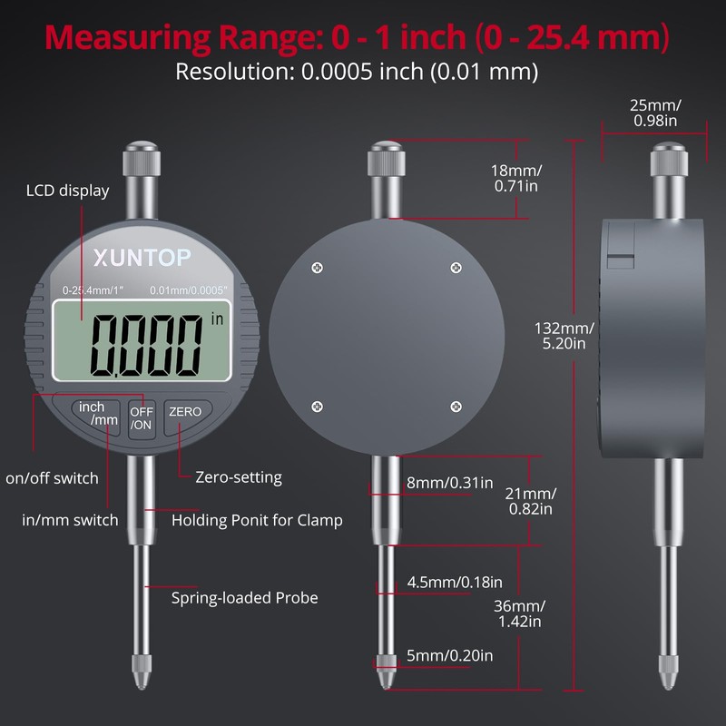 XUNTOP Digital Dial Indicator 1inch/0.0005inch with 132lbs/60kg Magnetic Base,Inch/Metric Conversion