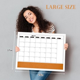 Monthly Whiteboard Calendar & Cork Boards for Walls, 23"x17" Magnetic Dry Erase Board with Black Wood Framed,2in1 White Board Cork Board Combo, Calendar Bulletin Board for Kitchen Planner Memo Office