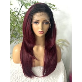 Emistar STRAIGHT Lace Front Wig Pre Plucked Hairline With Baby Hair Ready to Wear 13x6 HD Glueless Lace Front Wigs for Black Women 180% Density Natural Looking (Ombre Burgundy, 24 Inch)