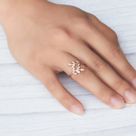 Philip Jones Rose Gold Plated Adjustable Leaf Ring Created with Zircondia® Crystals