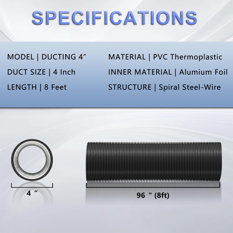 4 Inch Flexible Ducting Hose 8 Feet Black Aluminum Ducting