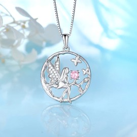 FJ Guardian Angel Pendant Necklace 925 Sterling Silver Tree of Life Necklace Butterfly Fairy Necklace with October Birthstone Pink Tourmaline Jewellery Gifts for Women Girls