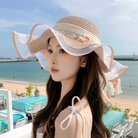 easylivegogo Women's Straw Hat, Wide Brim, UV Protection Hat, Flower Pattern, Bowknot, Ribbon, Lace, Straw Hat, UV Protection, Sun Protection, Natural, Refreshing, Deformable, Actress Hat, Folding,
