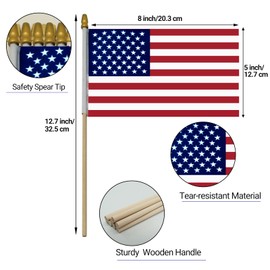 210 Pcs Small American Flags on Stick - 5x8 Inch Mini American Flags with Safety Spear Tip - Bulk Solid Wooden Pole Handheld US Flag for Parades Independence Day Memorial Day 4th of July Decorations
