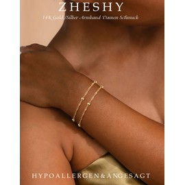 ZHESHY Bracelet Women's Gold Silver Chain Bracelets Set 14k Gold-Plated Charm Bracelet Adjustable Stackable Heart Knot Paper Clip Pearl Bracelet Golden Bracelet Jewellery Women Women, 21 centimetres