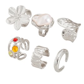 6 Piece Set Retro Metal Flower & Crystal Rings, Faux Pearl Embellishment, Cute Stackable Chunky Silver Rings for Women, Suitable for Women's Everyday Outfit, Celebrations, Parties