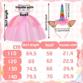 YOUYIKE Princess Costume, Children's Dress 3-Piece Set, Girls' Unicorn Princess Dress, Cosplay, Carnival, Fancy Dress, Party, Wedding, Princess Dress with Necklace and Headband, 120 cm (Pink)