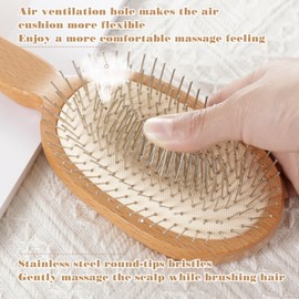 Aznrszy Hair Brush with Stainless Steel Bristle and Large Air Cushion Comb for Scalp Massage/Relaxation, Natural Wooden Paddle Brush for Detangling and Detangling Hair, Improving Hair Structure