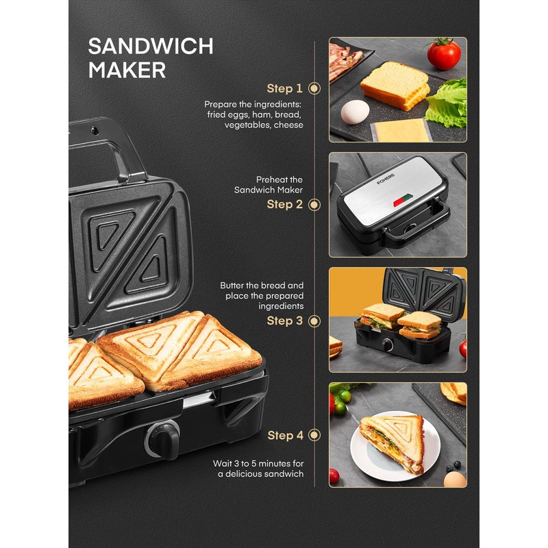 FOHERE Sandwich Maker 3 In 1 Waffle Maker With Removable