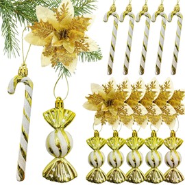 Pack of 18 Glitter Christmas Tree Decorations Gold, Christmas Tree Decorations Gold, Glitter Christmas Flower, Glittering Candy Canes Ornaments, for Christmas Pendants, Christmas Tree Decorations