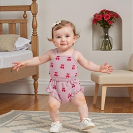 Kaipiclos Cherry Baby Outfit Newborn Infant Girl Clothes Rib Knit Romper & Shorts Waffled Baby Clothes for Girls 0 3 6 12 18M (Cherry Pink, 6-12 Months)