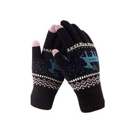 Cute Touch Screen Gloves for Smartphones for Christmas with Reindeer Printing, Cold Winter Soft Cashmere Knitted Gloves (Black)