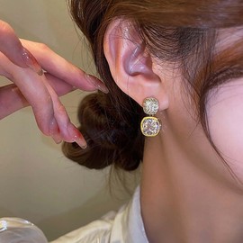 Cimenexe Bohemian Crystal Square Dangle Earrings Double Geometric Drop Earrings Gold Cz Paved Square Stud Earrings Rhinestone Square Earrings Jewelry for Women