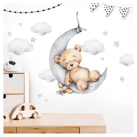 Little Deco DL871-4 Wall Sticker Bear with Moon Children's Room Animals Teddy Bear Wall Sticker Baby Room Bedroom Decoration