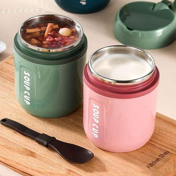 2Pcs Thermal Insulated Food Jar with Foldable Spoon Leak Proof