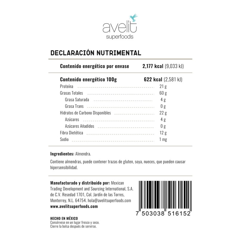 Avelit Superfoods | Almendras Naturales | Vitrolero 350g