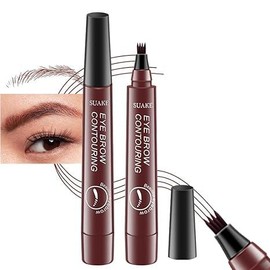 Microblading Eyebrow Contouring Pen Pencil - 4 Tipped Precise Brow Pen with Sponge Micro-Fork Tips Applicator for Natural Looking Brows - Color: Reddish brown