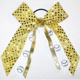 Softball, Baseball Soft Touch Sequin Hair Bow, Made in the USA, White Pony Band, (Metallic Gold)