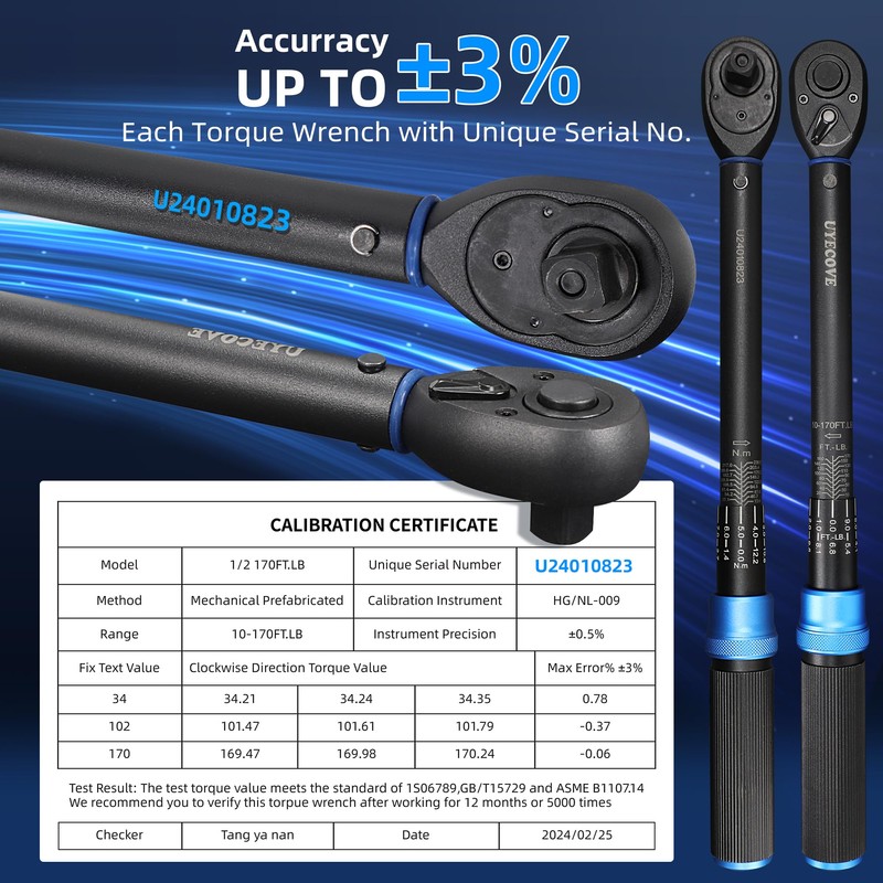 UYECOVE 3/8-Inch Drive Click Torque Wrench, Dual-Direction Click Professional Torque