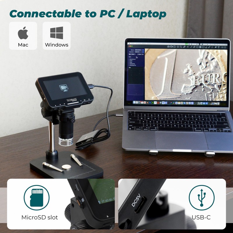 Technaxx Digital Microscope Pro TX-277-50x Magnification, 4.3" IPS Display, Adjustable