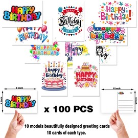Pinovk 100 Pack Happy Birthday Postcards - Assortment Bulk Birthday Postcards Blank Happy Birthday Postcards 4x6 Inches, 10 Unique Designs, Ideal for Kids, Men, Women, and Elderly