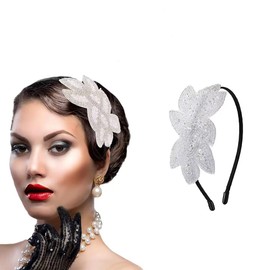 GOESUP Women 1920s Flapper Set with Rhinestone Headpiece Hairband and Hand Fan with Tassel for Vintage Wedding Costume Accessories (White)
