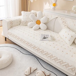 XSlive Farmhouse Cotton Quilted Sofa Cover Weave Pattern Embroidery Sectional Couch Cover Soft Nonslip Sofa Slipcover Furniture Protector Cover for Pets Kids Children Dog Cat (Ivory,28"x70")