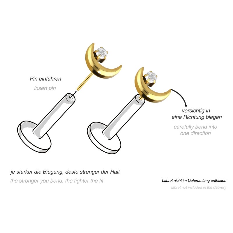 PIERCINGLINE Titanium Attachment with Push Pin Moon and Crystal without