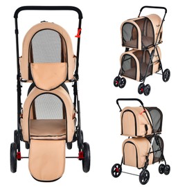 PETSITE Double Dog Stroller, Foldable Pet Stroller for 2 Dogs & Cats Small Medium Sized with Detachable Carrier on Wheels, Ideal for Car Seat Walking Camping Travel (Pink)