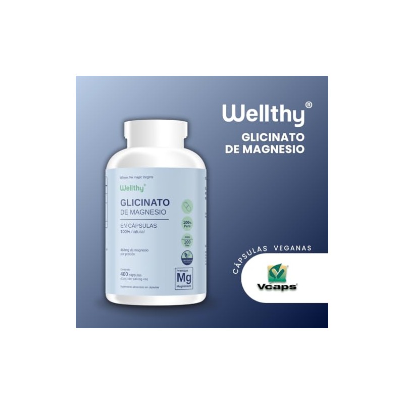 Wellthy Glicinato Magnesio 400 Cápsulas 432mg 100 Natural Puro Alta