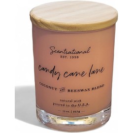 Scentsatinal Scented Candy Cane Lane Candle Coconut and Beeswax Blend, Pink Glass Jar, Wooden Lid, Single Wick, 11oz