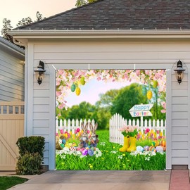 Easter Garage Door Cover 7x8ft Happy Easter Backdrop Spring Easter Garage Door Decorations Easter Bunny Egg Garage Door Banner for Outdoor Indoor Large Easter Garage Door Background Decor
