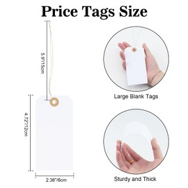 joycraft 100PCS Blank Tags with String Attached, 4 3/4 x 2 3/8 inches Large Price Tags, White Hang Tags with Wire Attached, Kraft Paper Tags with Reinforced Eyelet for Holiday, Gift Wrap