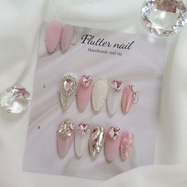 Handmade nail tips full of lovely pink stones - Long Oval / 러블리 핑크 스톤가득 수제네일팁 - 롱오발