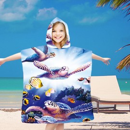 FEBE Bath Poncho Children's Bath Towel with Hood Bathrobe for Toddlers, Sea turtle, Unit size