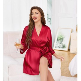 Vlazom Women's Satin Dressing Gown Soft Kimono Robe Silk Lightweight Bathrobe Bridesmaid/Bridal Wedding Party Robes 3/4 Sleeve Sleepwear Red,S