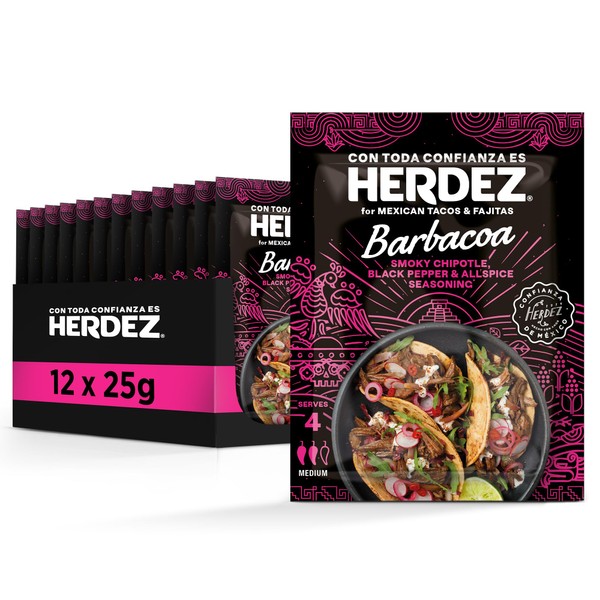 HERDEZ Barbacoa Seasoning 25 G | Serves 4 | Pack of 12 | Smoky Chipotle, Black Pepper & Allspice | For Mexican Tacos & Fajitas