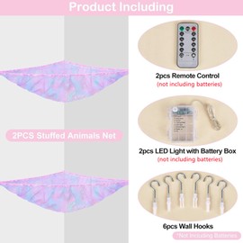 Basumee Stuffed Animals Net or Hammock with LED Light Hanging Toy Net Hammock for Stuffed Animals Storage Stuff Animals Hammocks for Nursery Kids Room with Remote Control, 8 Kinds of Lights(Pack of 2)