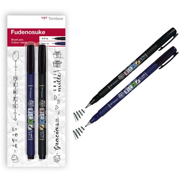 Tombow WS-BHS-2P Fudenosuke Hard and Soft Tip Brush Pen - Black