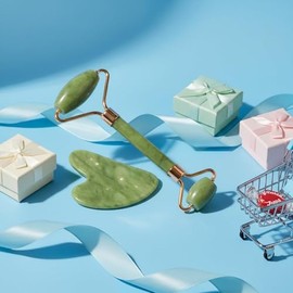 BAIMEI IcyMe Gua Sha y rodillo de jade - Herramientas faciales, rodillo facial y juego de Gua Sha para reducir la hinchazón y el enrojecimiento, rutin