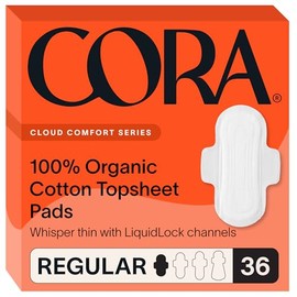 Cora almohadillas para orejas de algodón orgánico ultra delgadas con alas y tecnología de absorción en seco, Regular, 36 unidades