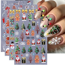 4pcs Christmas Light Strips Nail Art Stickers 5D Embossed Nail Decals Green Christmas Tree & Cute Gingerbread Man Design Xmas Nail Sticker DIY Santa Claus Snowflake Elk Snowman Manicure Decoration