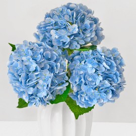Real Touch Blue Hydrangea Artificial Flowers With Stems, Fake Silk Flowers For Outdoors, 3 Pcs Artificial Flowers For Home Decor Wedding Bouquets Centerpieces Vase