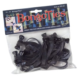 BongoTies ALL-BLACK "Obsidian" Bongo Ties ~ 10 Pack "Style-D" ~ HANDY TIES FOR CABLES AND OTHER UNRULY ITEMS