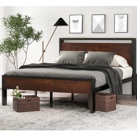 SHA CERLIN SHA CERLIN 14 Inch Queen Size Metal Platform Bed Frame with Wooden Headboard and Footboard, Mattress Foundation, No Box Spring Needed, Large Under Bed Storage, Non-Slip Without Noise, Mahogany
